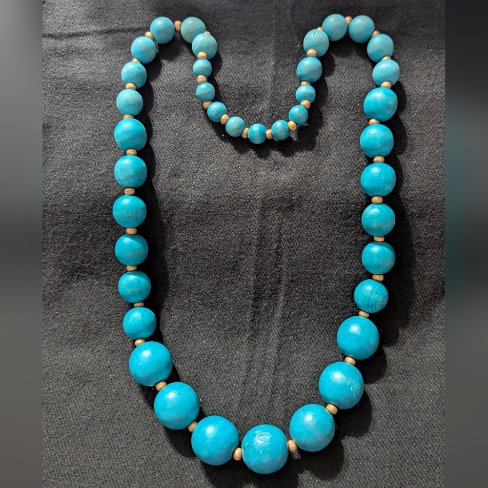 Gold Tone Turquoise Blue Color Wooden Chunky Beaded Statement Necklace